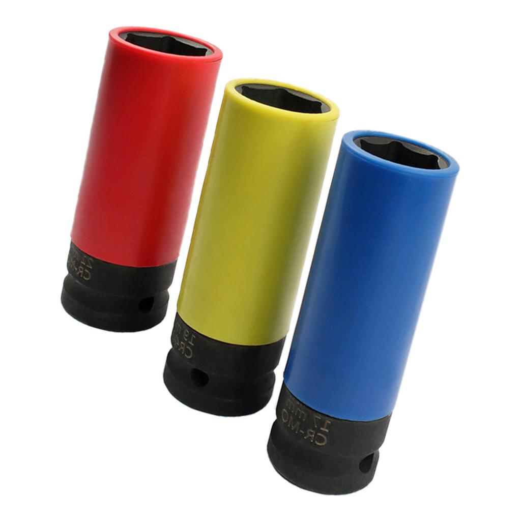 3Pcs 1/2inch Drive Wheel Impact Wrench Nut 17mm 19mm 21mm Nonmarking Wheel Nut Thin Wall Deep Socket Accessories