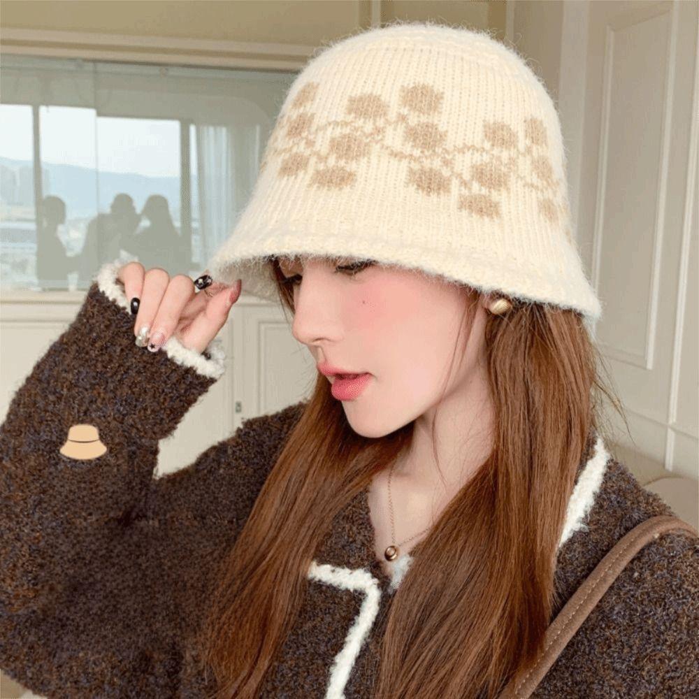 Sweet Floral Knitted Bucket Hat Retro Warm Fisherman Hat Jacquard Woolen Hat  Autumn and Winter