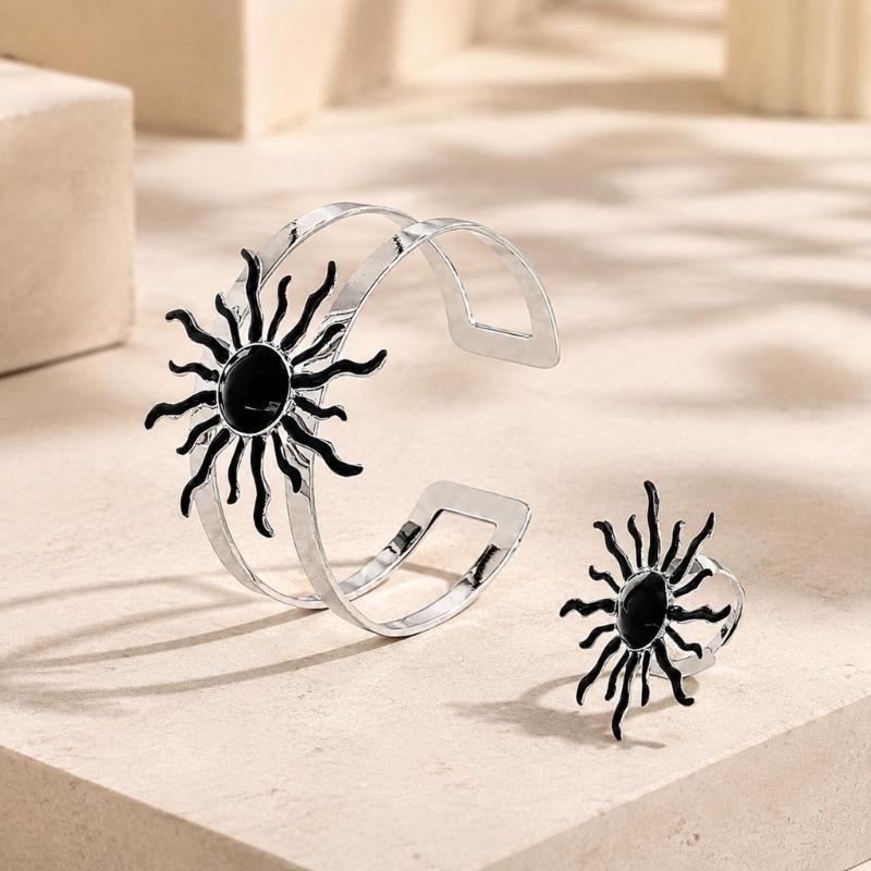 Adjustable Jewelry Set with Sun Design Bracelet and Ring, Matching Two Piece Accessory for Party Styling and Gifts