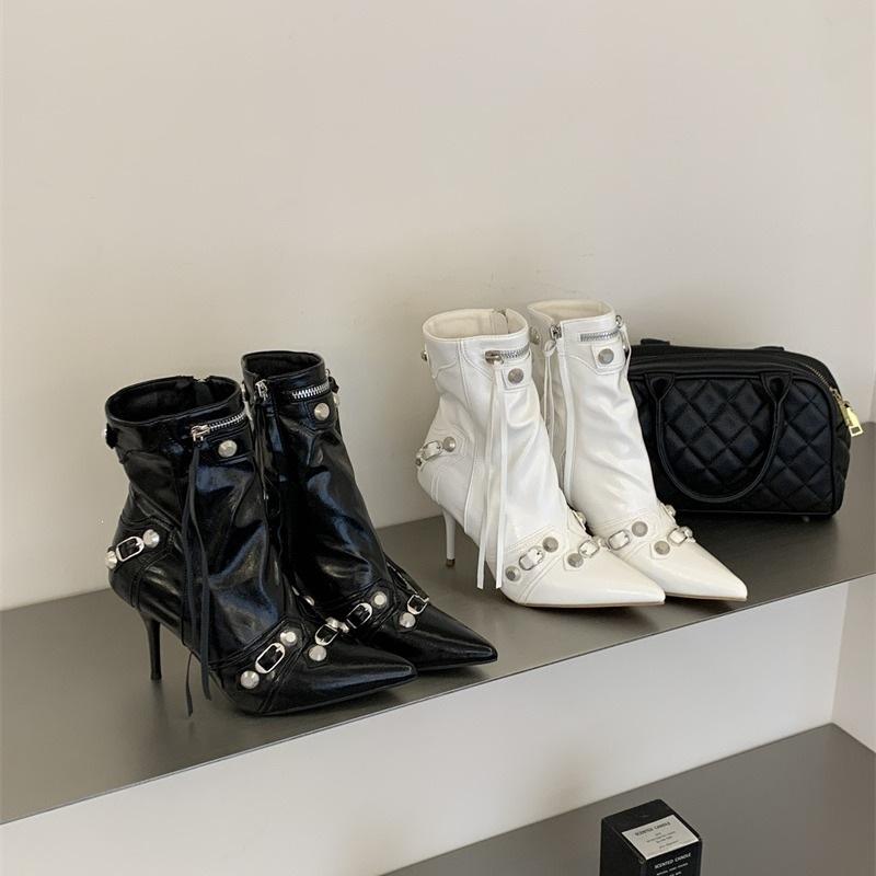 Rivet fringed locomotive boots women's new side zipper thin heel pointed high heel short boots women