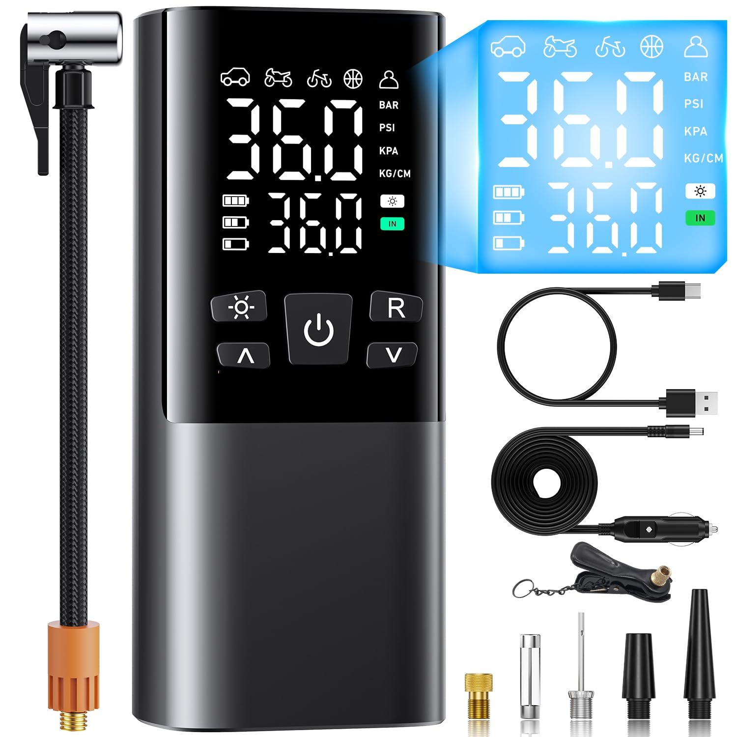 

Electric Bicycle Air Pump for Motorcycles and Cars, Compatible with French, British, and American Valves, Maximum Pressure of 150 PSI, Fast Fill, Auto