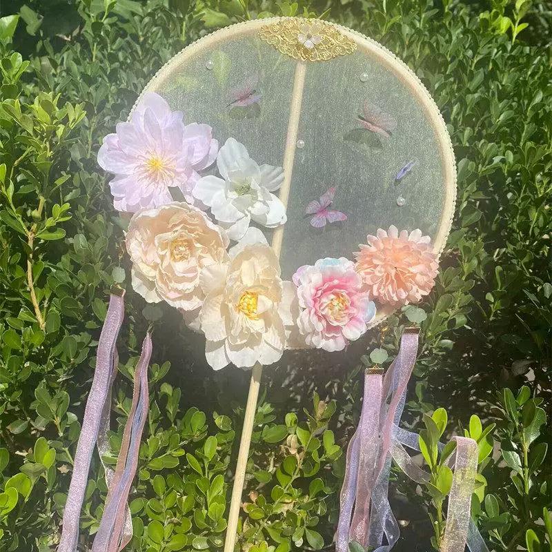 Silk Flower Fan, Ancient Style Fan, Long-Handled Round Fan, Classical Dance Handheld Fan, Hanfu Photo Prop, Cheongsam Accessory