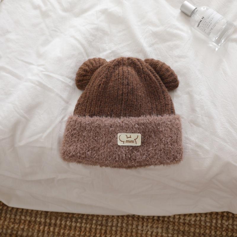 

Шапка с медвежьими ушками Женская осенне-зимняя милая шерстяная шапка Большой обхват головы Защита ушей Защита от холода Плюшевая вязаная шапка Женская one size