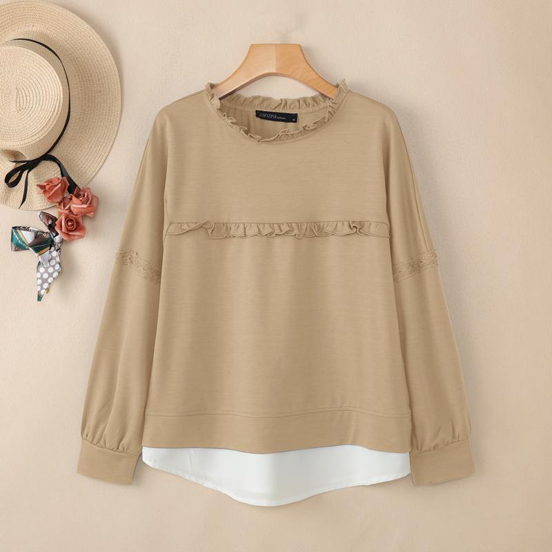ZANZEA Women Casual Round Neck Solid Color Loose Spring Long Sleeve Tee Tops