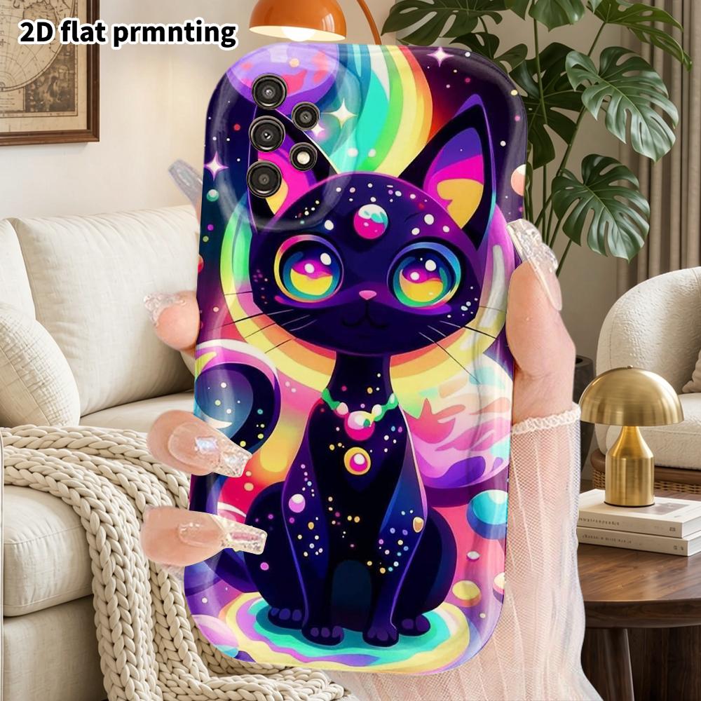 Phone Case: 2D Flat Samsung Galaxy A34 A35 M05 M06 S20 S22 S21 FE Plus 5G Protective Case, Couples Style, Neon Black Cat, Christmas and Halloween Gift