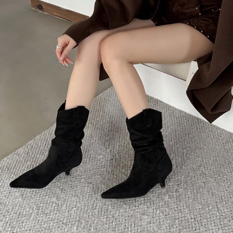 Fashion High Quality Faux Suede Kitten Heel Ankle Boots Women Fashion Pointed Toe Sewing Pleated Designer Boots Comfortable Modern Boots