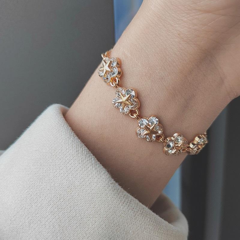 Elegant Inlaid Rhinestone Korean Bracelets Gold Colour Flower Charm Bracelet For Women Fashion Jewelry Accessories Party