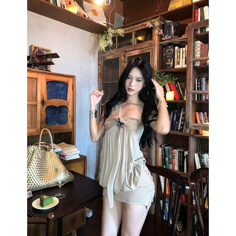 

Kumikumi Pure Desire Wind Twist Pleat Tube Top Dress Women Summer Sexy Temperament Slimming Sheath Skirt Short dress Camel color M