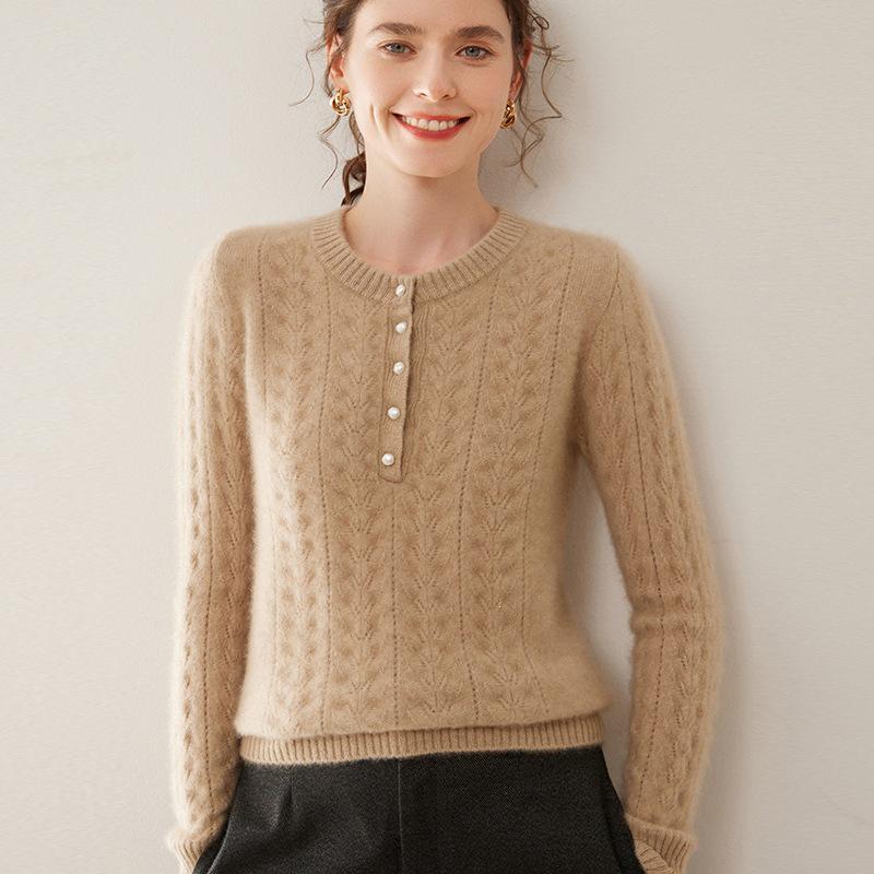Women's Pure Cashmere Thickened Hollow Round Neck Sweater – Long Sleeve, Warm Knitwear for Autumn and Winter
