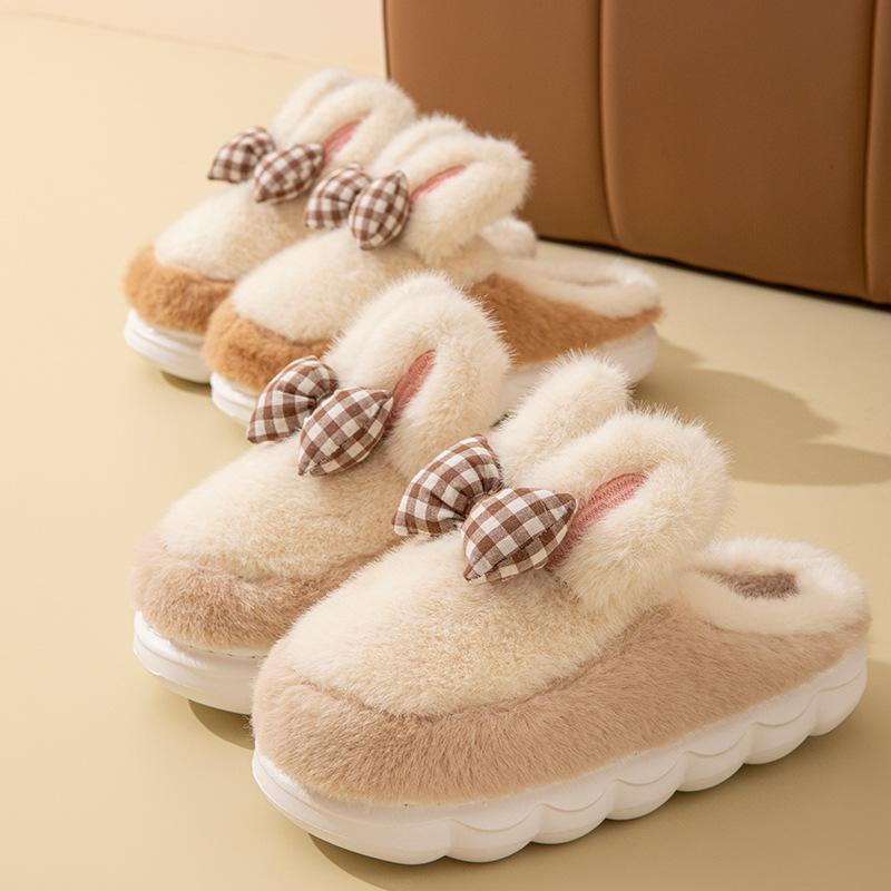 Cotton slippers Home slippers Autumn and winter cartoon rabbit ear shoes Warm cotton shoes Fleece thick-soled couple hair slippers