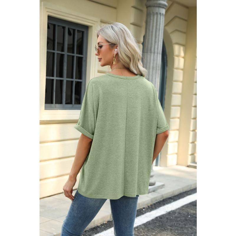New Summer Women T-shirt Solid Color Round Neck Short Sleeve Loose T-shirt Tops