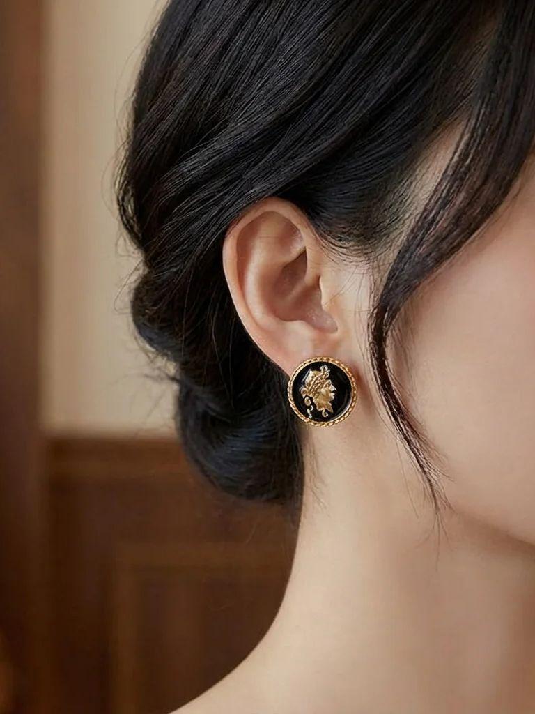 Vintage Gold Coin Stud Earrings for Women - Black Enamel Roman Cameo Medallion Portrait Statement Jewelry Gift