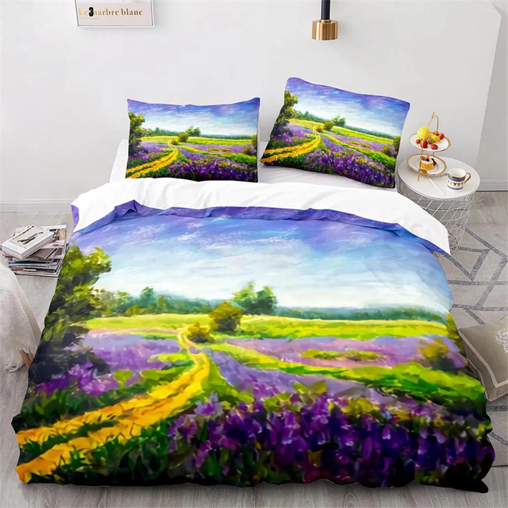 Oil Painting Duvet Cover Abstract Art Print Boat Sunset Animals And Plants Microfiber Landscape Tree Bedroom Decoration Children