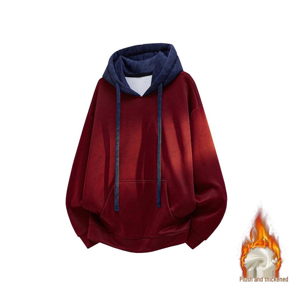 2025 Autumn/Winter Men's Retro Color Block Patchwork Loose Hoodie (Plus Size)