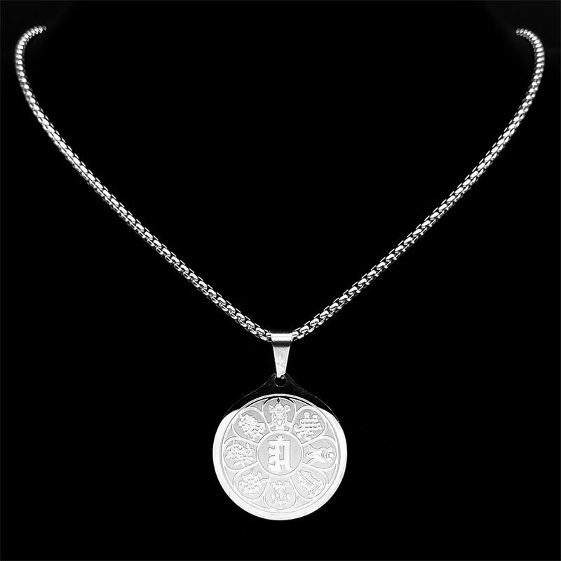 Eight Auspicious Treasures Six Character Mantra Lotus Medal Necklaces for Men Women Stainless Steel Eight-Treasure Lotus Jewelry