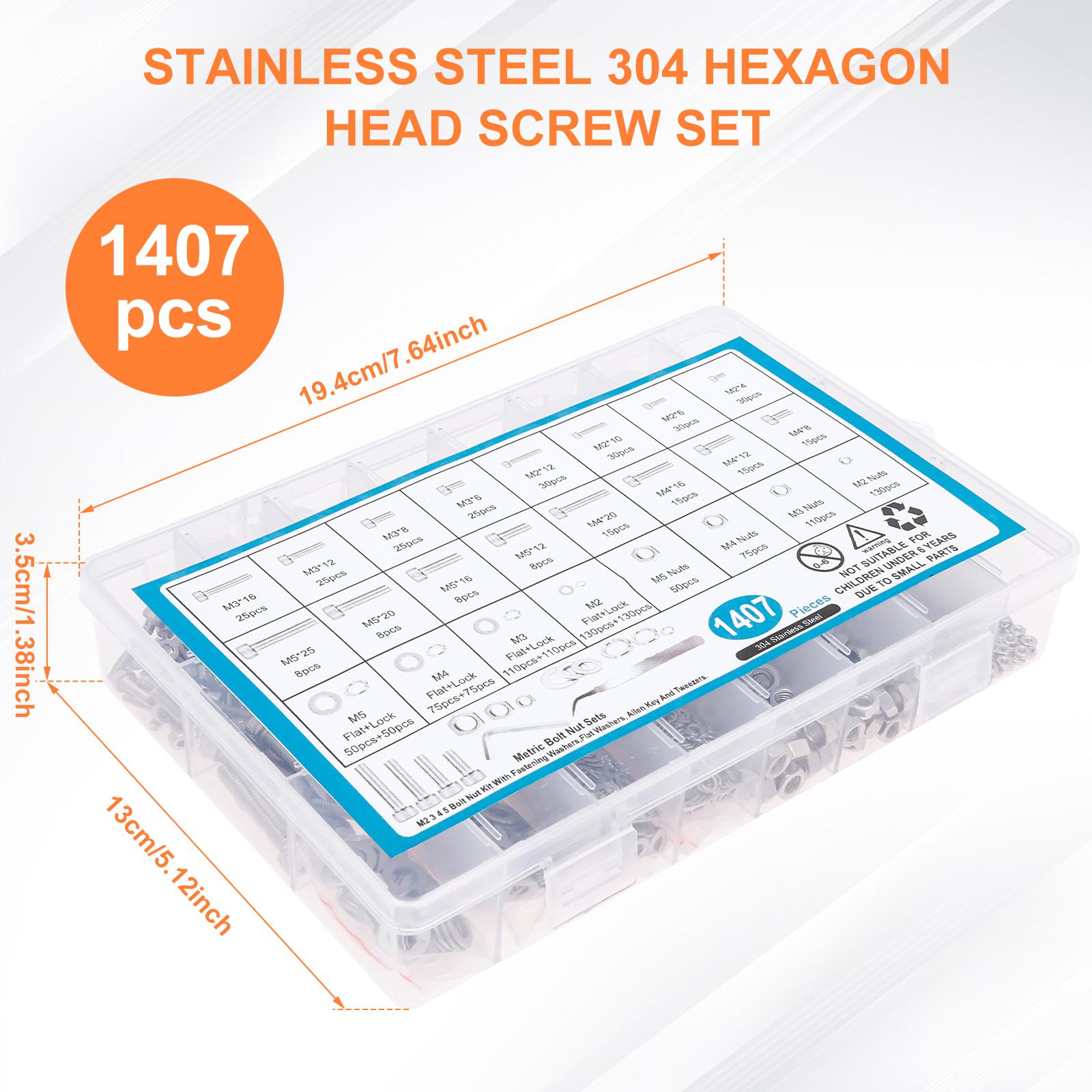 

1407pcs Nuts and Bolts Assortment Kit - M2 M3 M4 M5 Hex Head 304 Stainless Steel Bolts Nuts Flat Washers and More Assortment Kit