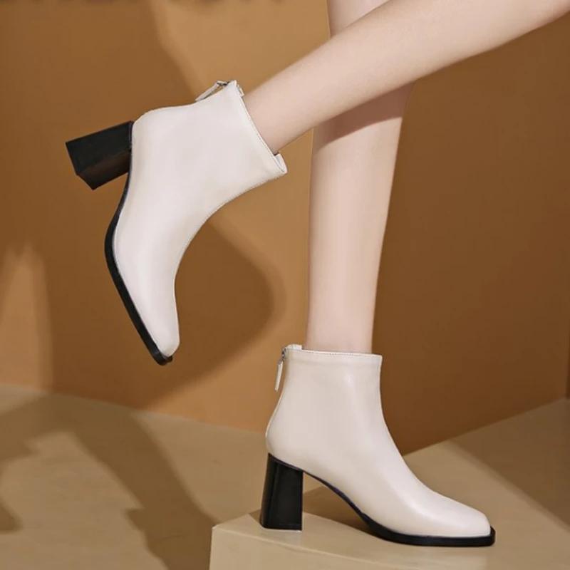 

2024 Зимние Новые Заостренные Кожаные Высокий Каблук Молния Сзади Мягкие Удобные Женские Модные Ботинки Голые Ботинки Женские 35-40 35 бежевый