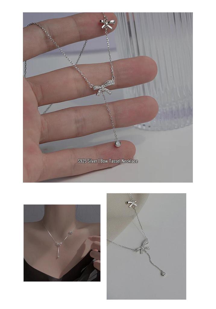 Elegant S925 Sterling Silver Bow Tassel Necklace: Luxury Clavicle Chain for Women with a Chic, Sophisticated Touch.