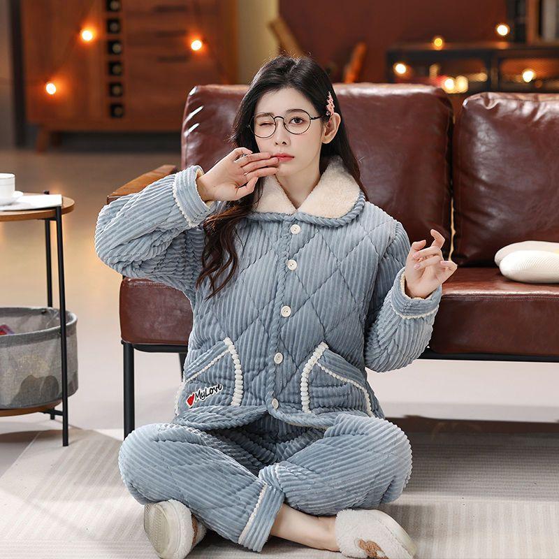 Pajamas women's three-layer thickened and cute winter can wear large-size warm padded loungewear