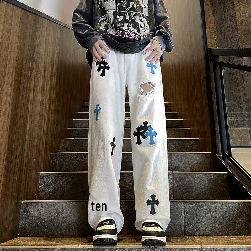 

2023 Американский Хай-стрит Унисекс Повседневные Джинсы Прямого Кроя Белые XL белый