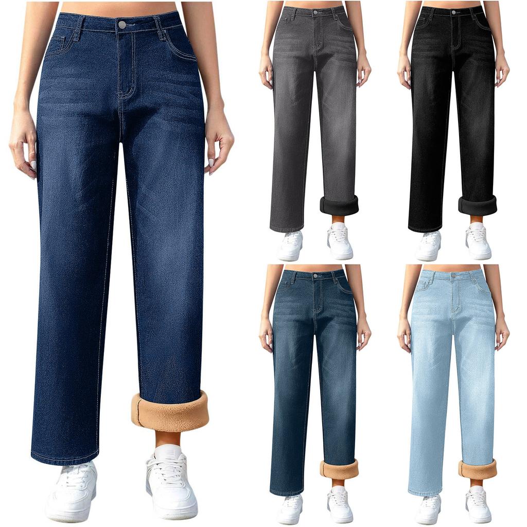 Women Winter Thciken Fleece Keep Warm Denim Jeans Ladies High Street Straight Pants