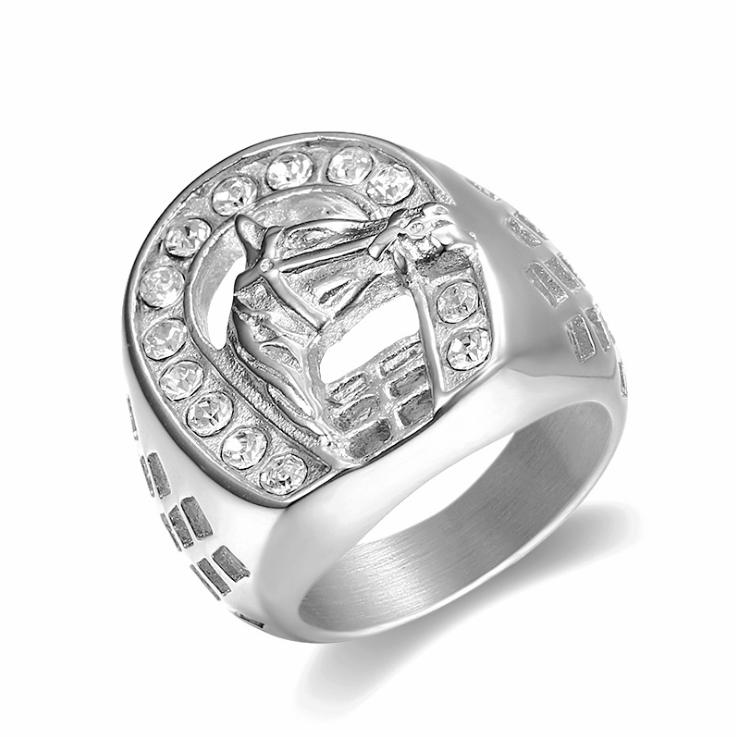 Horse Head Ring with Rhinestone Male Ring Fashion Jewelry Promotion Men Ring Gold Color Hip Hop 316L Stainless Steel