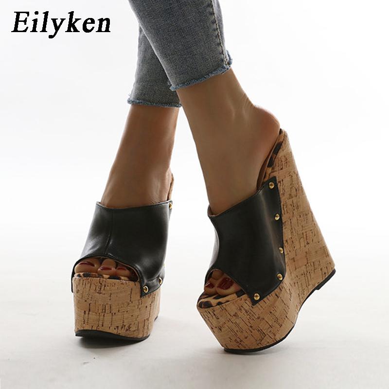Rivet Peep Toe Platform Wedge Slippers Black Summer Shoes Woman Sexy Super High Heels Mules Sandal Size 35-42