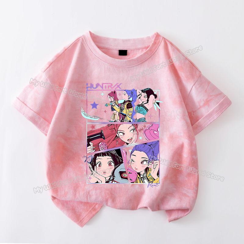 Haijian03 KPop Demon Hunters Tie-dye T-shirt voor Meisje Tops met Korte Mouwen Rumi Mira Zoey Print T-shirts Leuke Zomer Kinderkleding 140