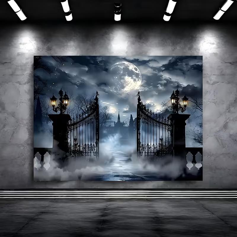 2D Foggy Night Cemetery Gate Backdrop with Full Moon and Spooky Mansion Background