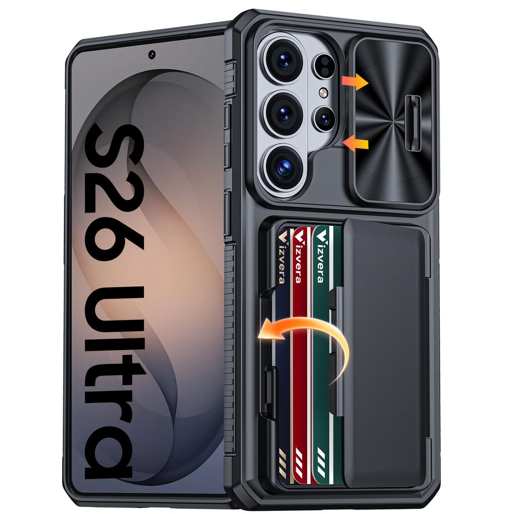 Avec Porte-Cartes, Cache-Objectif Coulissant et Support pour Étui de Téléphone Samsung Galaxy S26 Ultra, Étui Portefeuille Anti-Chute en PC+TPU - Rose Clair