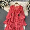 YYFS Women's Fashion Spring Fall Solid Color Print Long Sleeve V-Neck High Waist Casual Dresses