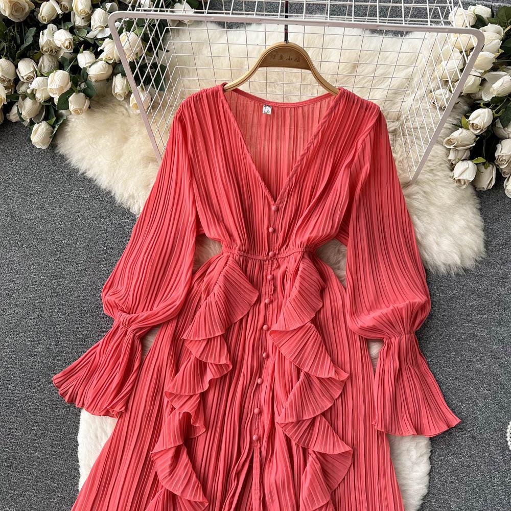 YYFS Women's Fashion Spring Fall Solid Color Print Long Sleeve V-Neck High Waist Casual Dresses