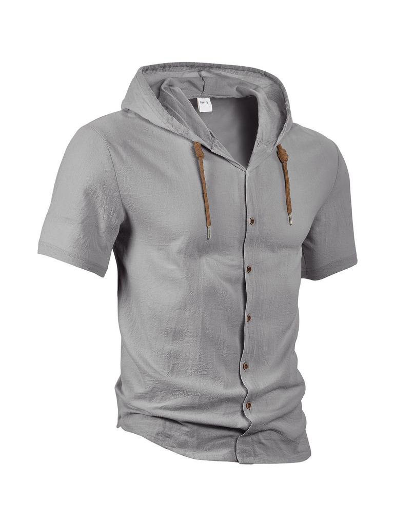 American Linen Men's Shirt, Fashionable and Casual Summer Breathable Thin Hooded Short-sleeved Cardigan Jacket