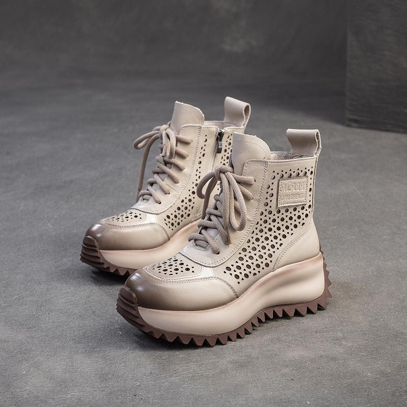 Fashion GKTINOO Handmade Woman Genuine Leather Sneakers Thick Soled Short Boots Height Increasing British style Platform Women's Booties