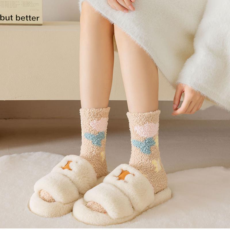Women Candy Warm Socks Lady Heart Cute Winter Kawaii Thick Coral Fleece Warm Tulip Flower Cute Cotton Casual Socks Female