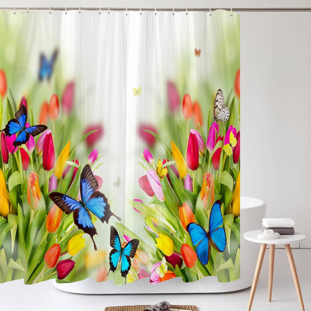 Colorful Beautiful Fresh Flowers Shower Curtain Bathroom Waterproof Polyester Butterfly 3D Print Curtains for Bathroom Shower