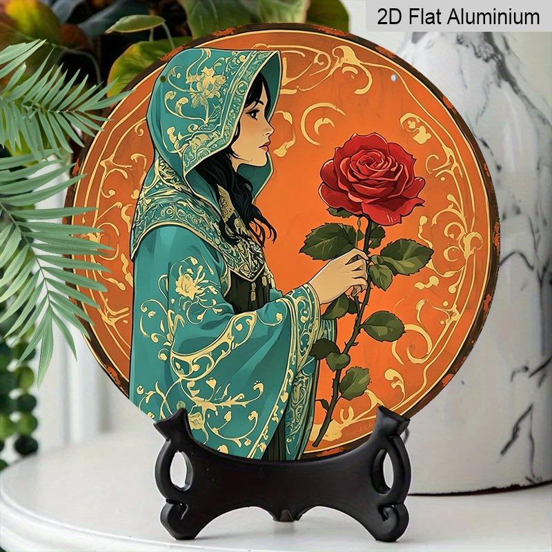 2D Flat Retro Red Rose Women's Wall Hanging Plaque, Aluminum Decorative Sign and Plaque, Various Sizes. Bohemian Ethnic Style Wall Decoration
