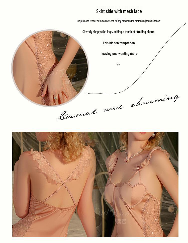 Cămașă de noapte elegantă din satin și dantelă transparentă cu mâneci scurte bufante și halat, set pentru femei