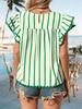 Women's Vertical Striped Blouse V Neck Ruffle Sleeve Pleated Trim Summer Top