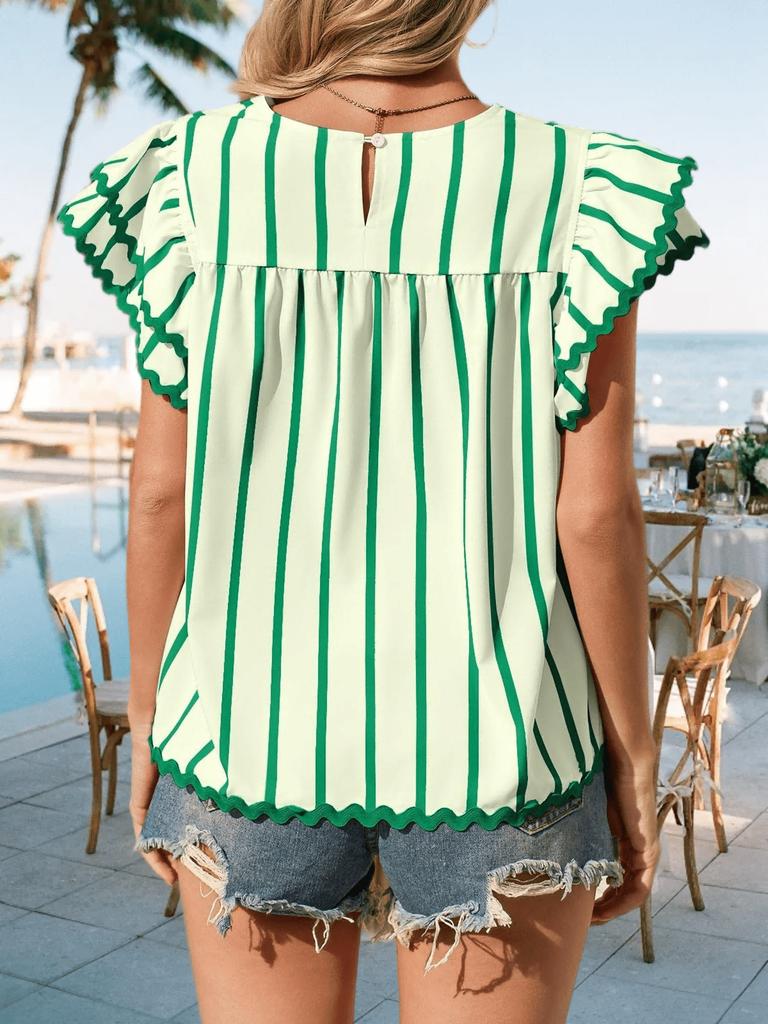 Women's Vertical Striped Blouse V Neck Ruffle Sleeve Pleated Trim Summer Top