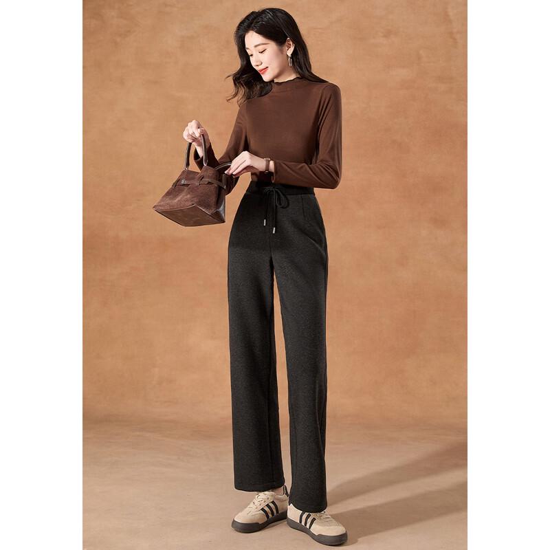 Kebell Women's Black High-Waist Straight Wide-Leg Drawstring Casual Pants