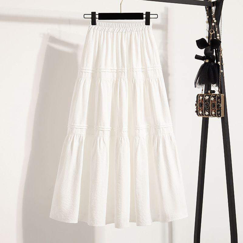 

Plus size Chubby Girl Artistic Retro Style White Waist Pleat A Word High Waist Slimming Mid-Length Skirt for Women M-4XL White XL