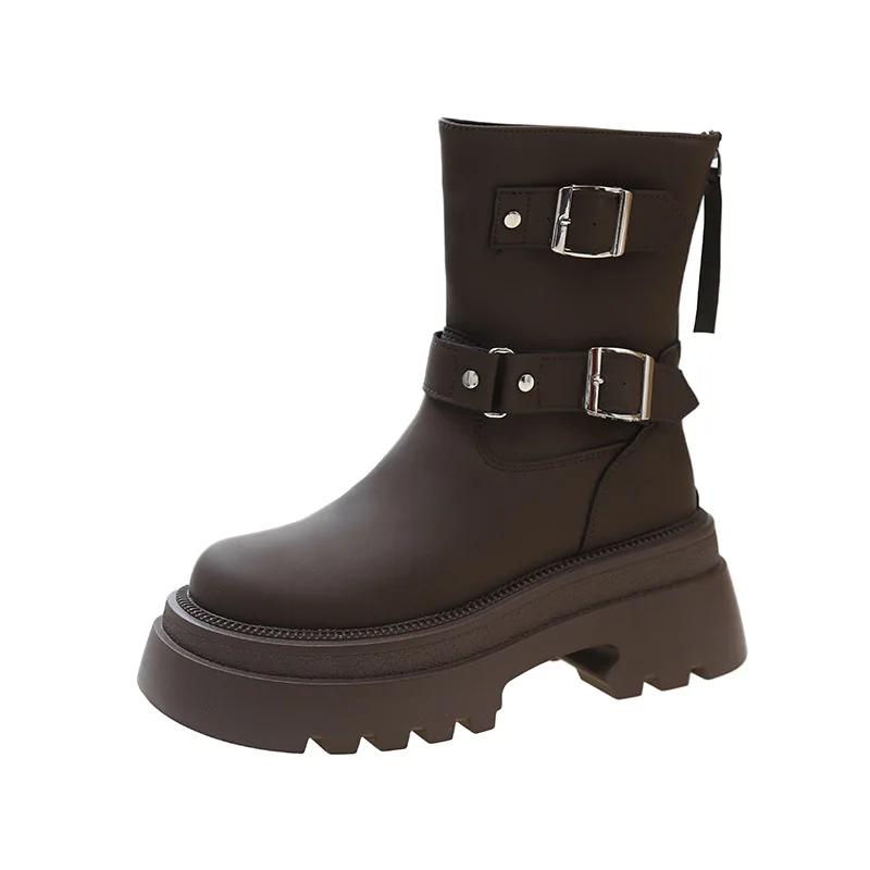 

Women s Ankle Boots Autumn Work Fashion Elegant Punk 2024 New Black Luxury Low Heel Round Toe Leather Platform Short Boots 40 темно-коричневого кольору