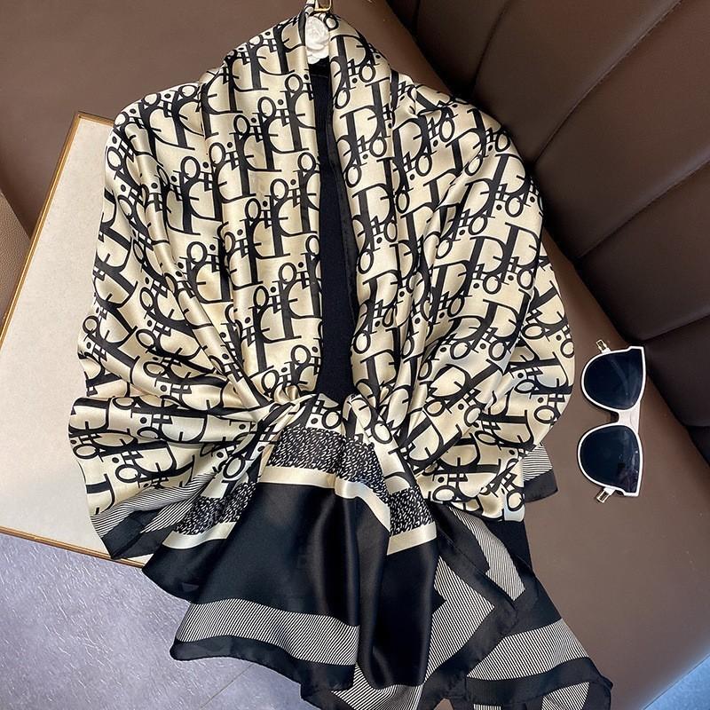 New Imitation Silk Printed Silk Scarf for Women  Versatile Geometric Sun Protection Beach Towel Ethnic Style Decoration Gauze Shawl
