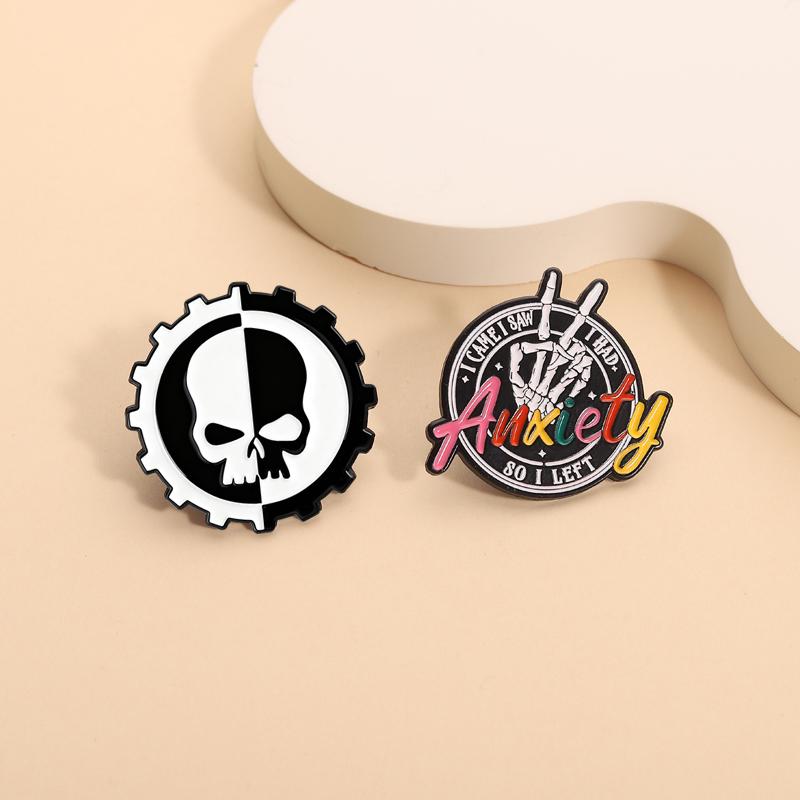 Anxiety Funny Antisocial Enamel Pins Skeleton Hand Skull Brooches Lapel Badges Punk Mental Health Jewelry Gift for Friends