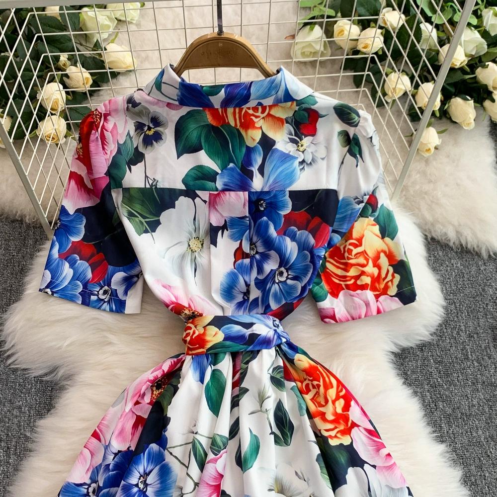 Summer Women Designer Print Runway Dress Elegant Turn-down Collar Office Work Midi Lace-up Shirt Dresses