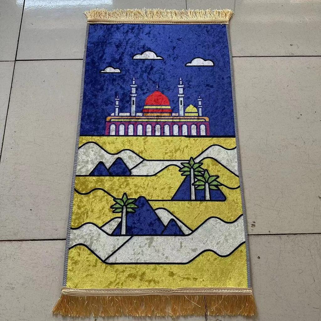 Cute Cartoon Prayer Rug Thickened Fleece Mat Gold Print Non Slip Floor Mat for Living Room