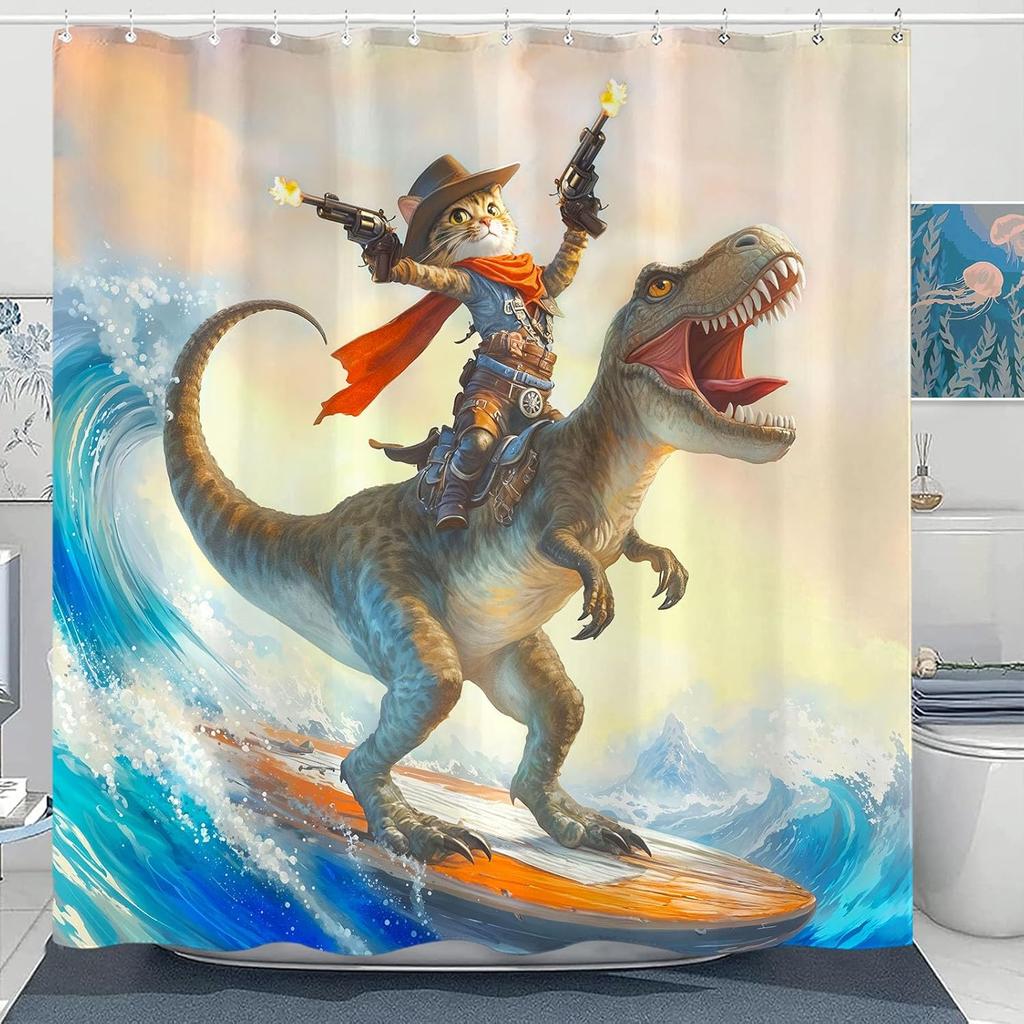 Funny Cat Shower Curtain Set Great Wave Art Style Relaxing Feline Waterproof Bathroom Shower Curtain Japanese Scene Home