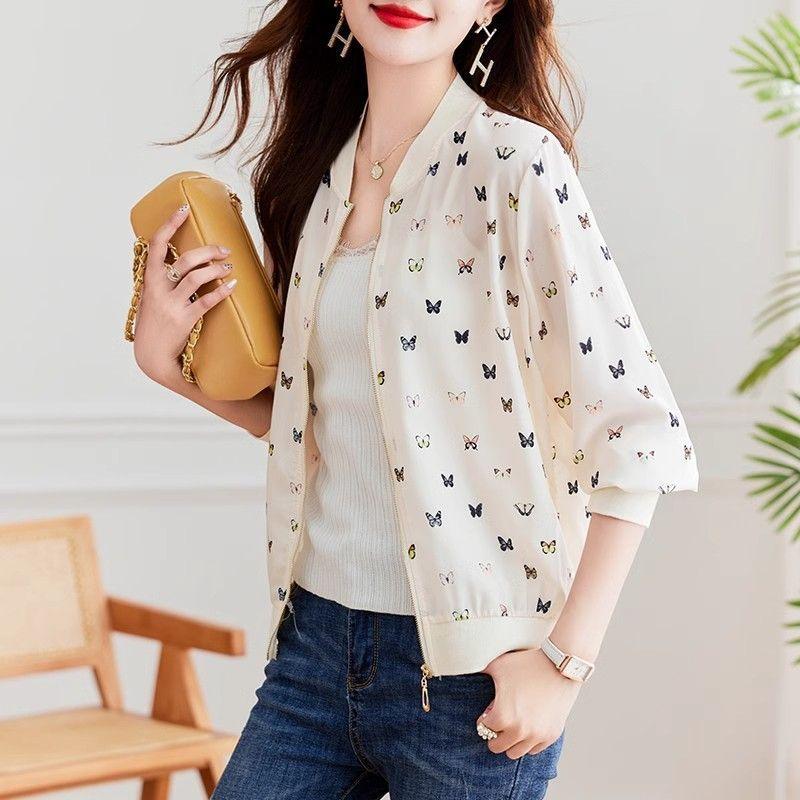 

Summer Butterfly Baseball Large Size Thin Sunscreen Clothing Women s Outer Wear Cardigan Short Jacket Top Loose Chiffon Air-conditioning Shirt XS