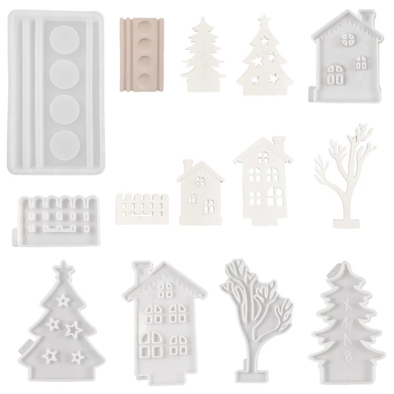Silicone Molds Christmas Tree Candle Holder Molds House Candlestick Molds Ornament Plaster Moulds for Table Decorations
